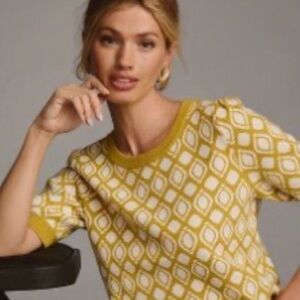 Anthropologie Maeve Harmon Jacquard Short Sleeve Sweater Top Size M